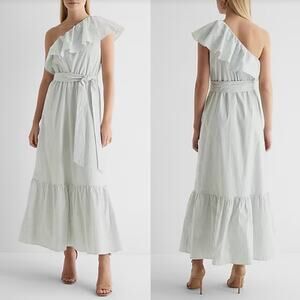 Express Striped One Shoulder Ruffle Tie Waist Poplin Maxi Dress